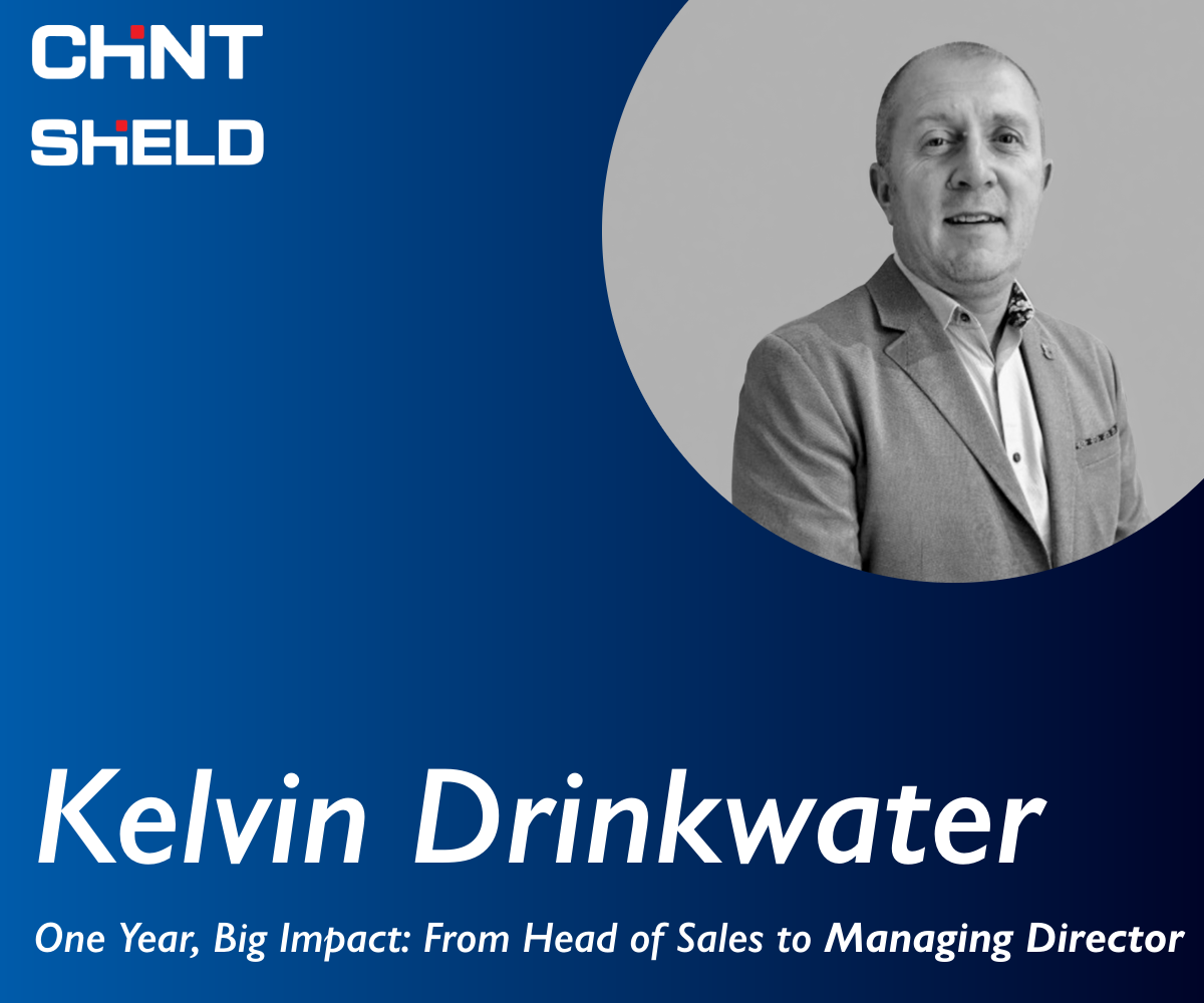An image with a gradient blue background celebrating new CHINT SHIELD managing director Kelvin drinkwater's promotion from head of sales and unprecedented 12 month milestone
