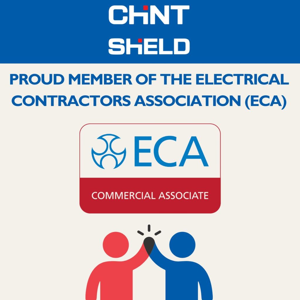 Flyer announcement of Top UK Low Voltage electrical equipment manufacturer and distributor, CHINT SHIELD, joining the electrical contractors association (ECA)