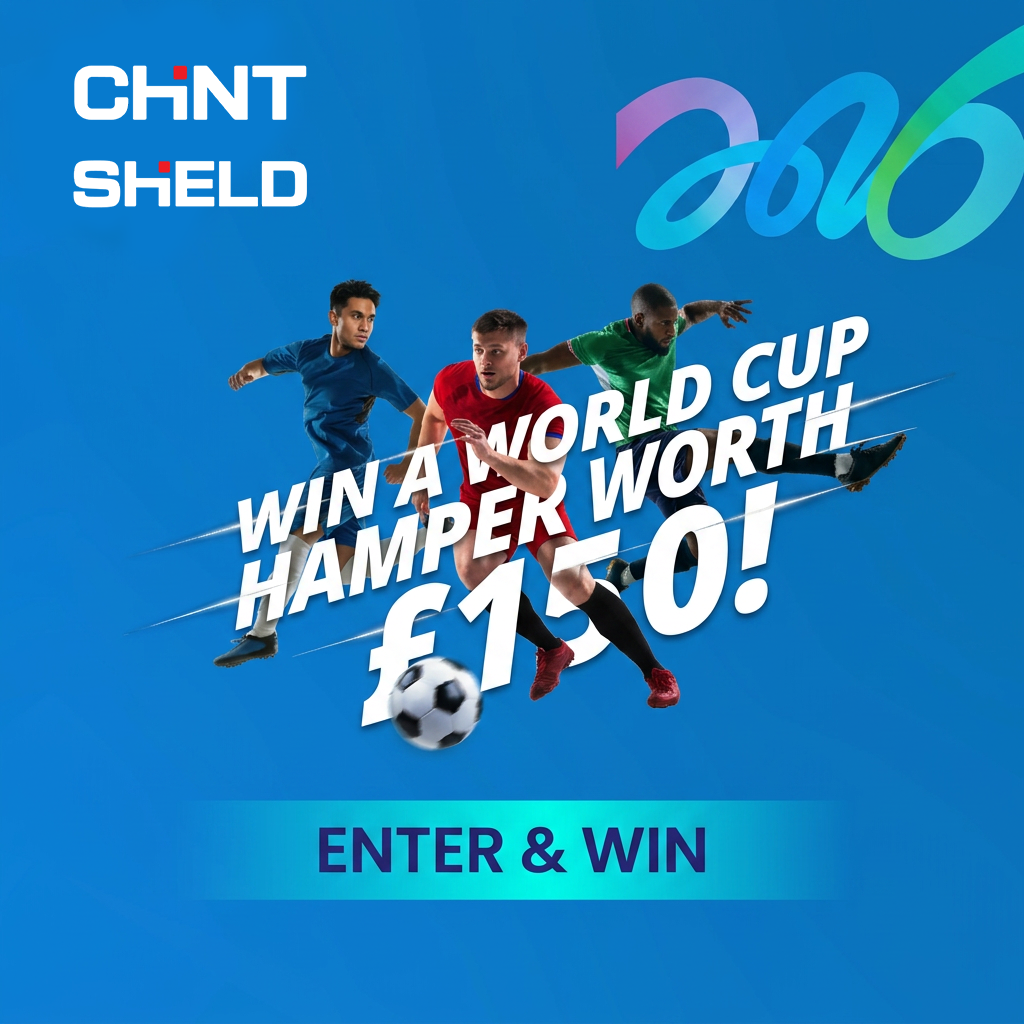 CHINT Shield win a world cup hamper £150, flyer with a blue background and CHINT Shield logo